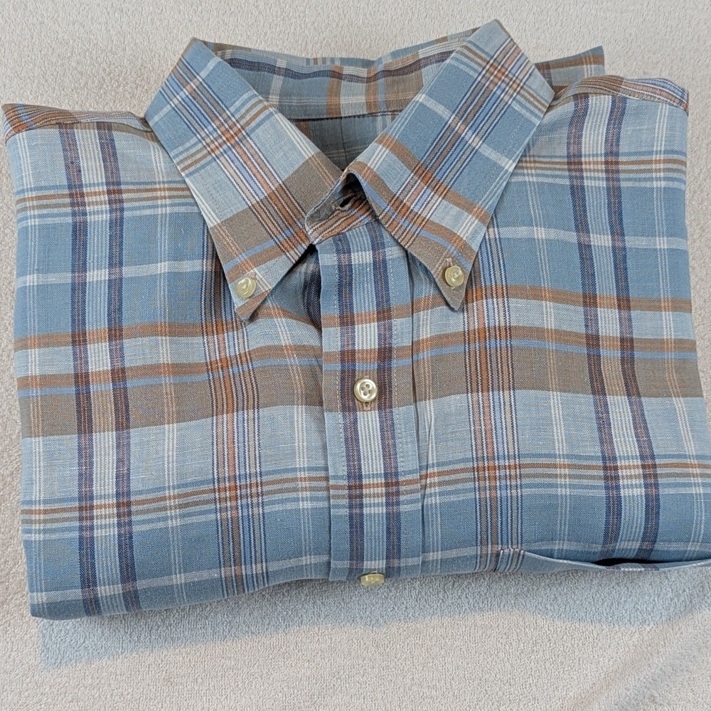 Jos. A. Bank Traveler's Collection Mens Large 100% Linen Plaid Shirt Blue Brown - Picture 2 of 9